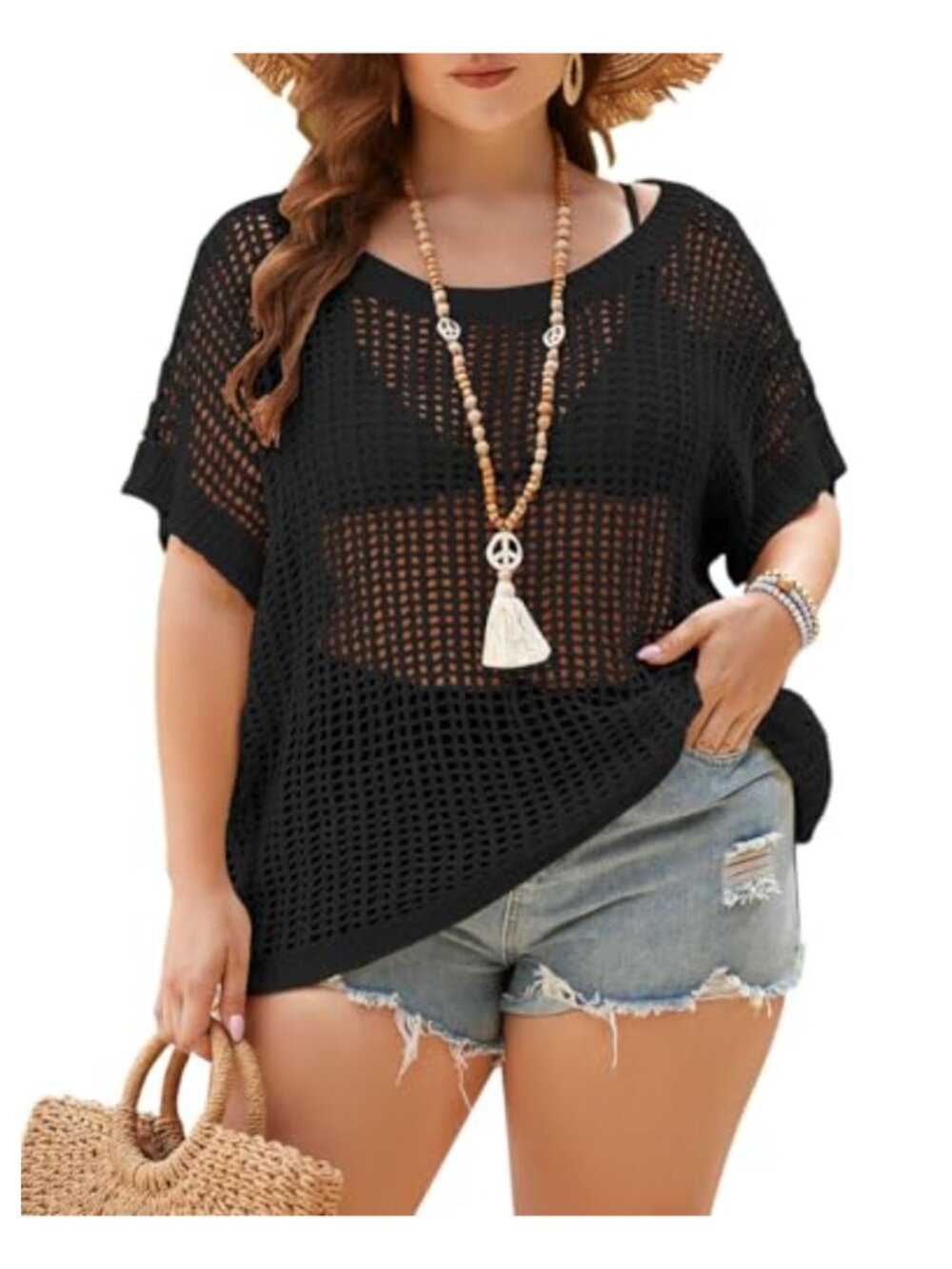 Plus Size Crochet Hollow Out Short Sleeve Sweater Beach Coverup 1X-5X